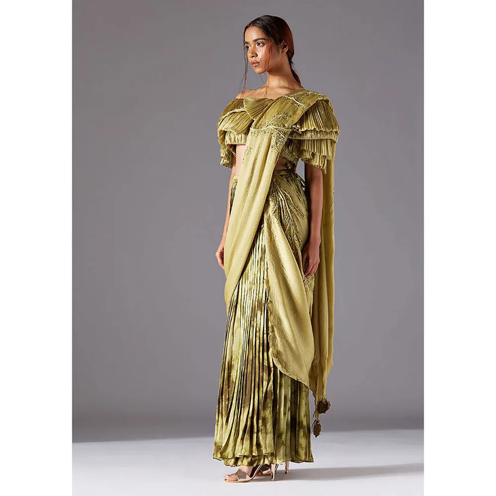 A Humming Way Gill Fungi Blouse With Marsh-Scapes Pleated Skirt and Living Stole- Dupatta