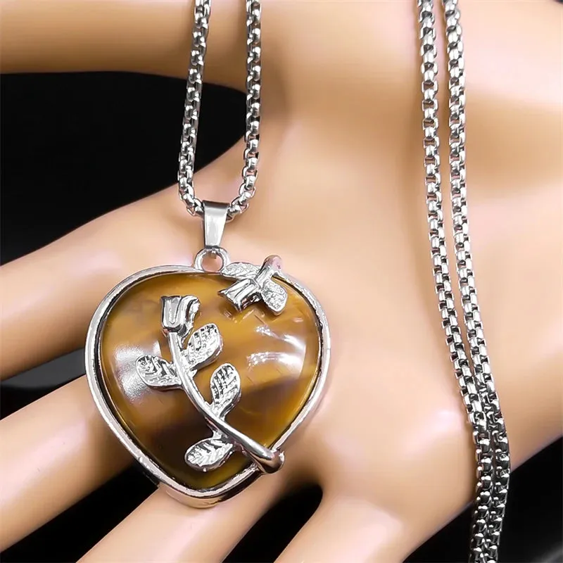 Aesthetic Rose Flower Love Heart Shap Alloy Necklace Women Men Tiger Eye Stone
