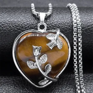 Aesthetic Rose Flower Love Heart Shap Alloy Necklace Women Men Tiger Eye Stone