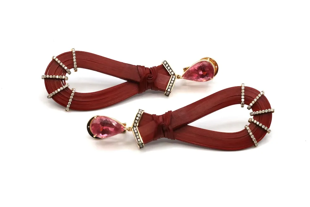 Bamboo Red Earrings with Garnet Top and Light Brown Diamonds