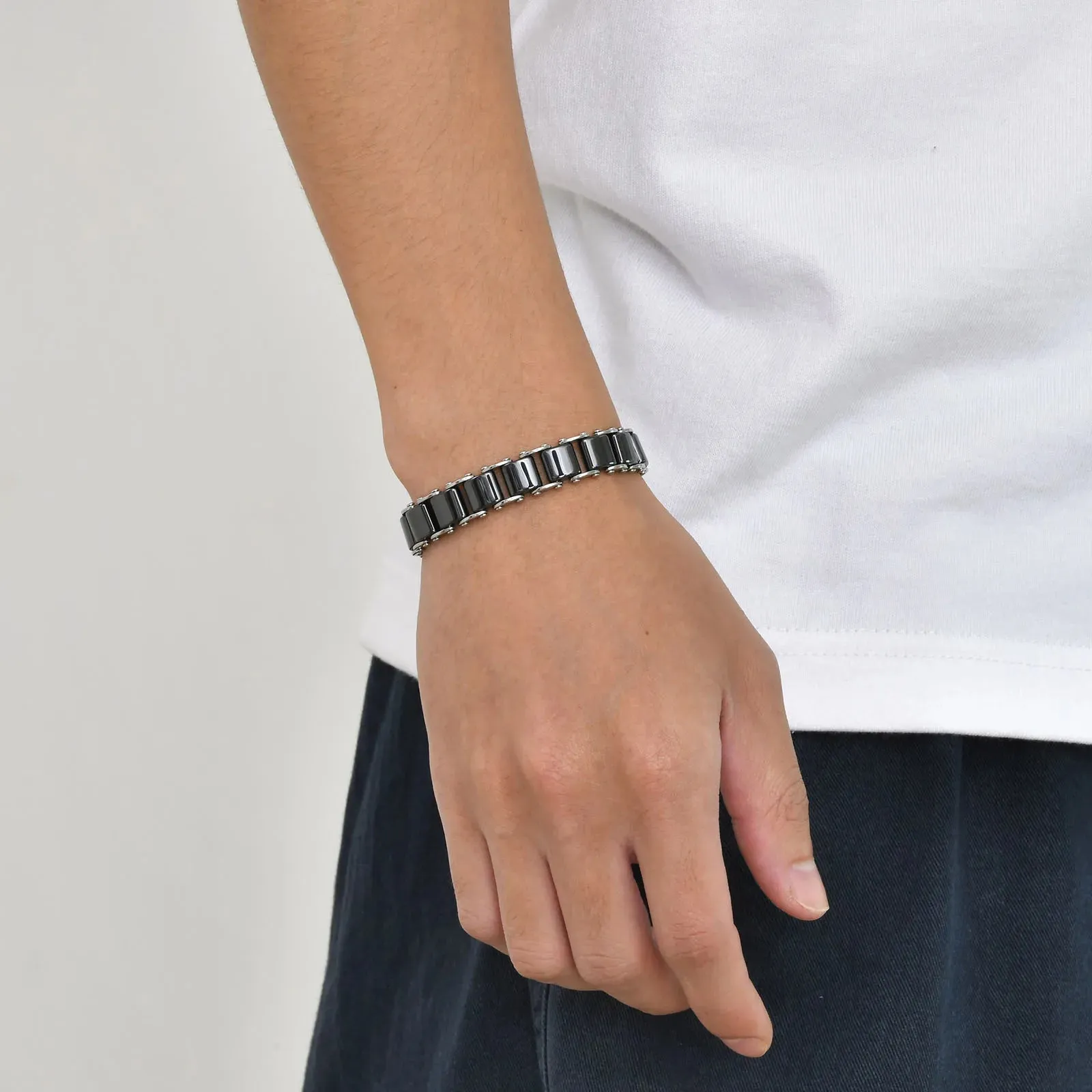 Black Ceramic Bracelet for Men,Natural Stone Link Chain Wristband