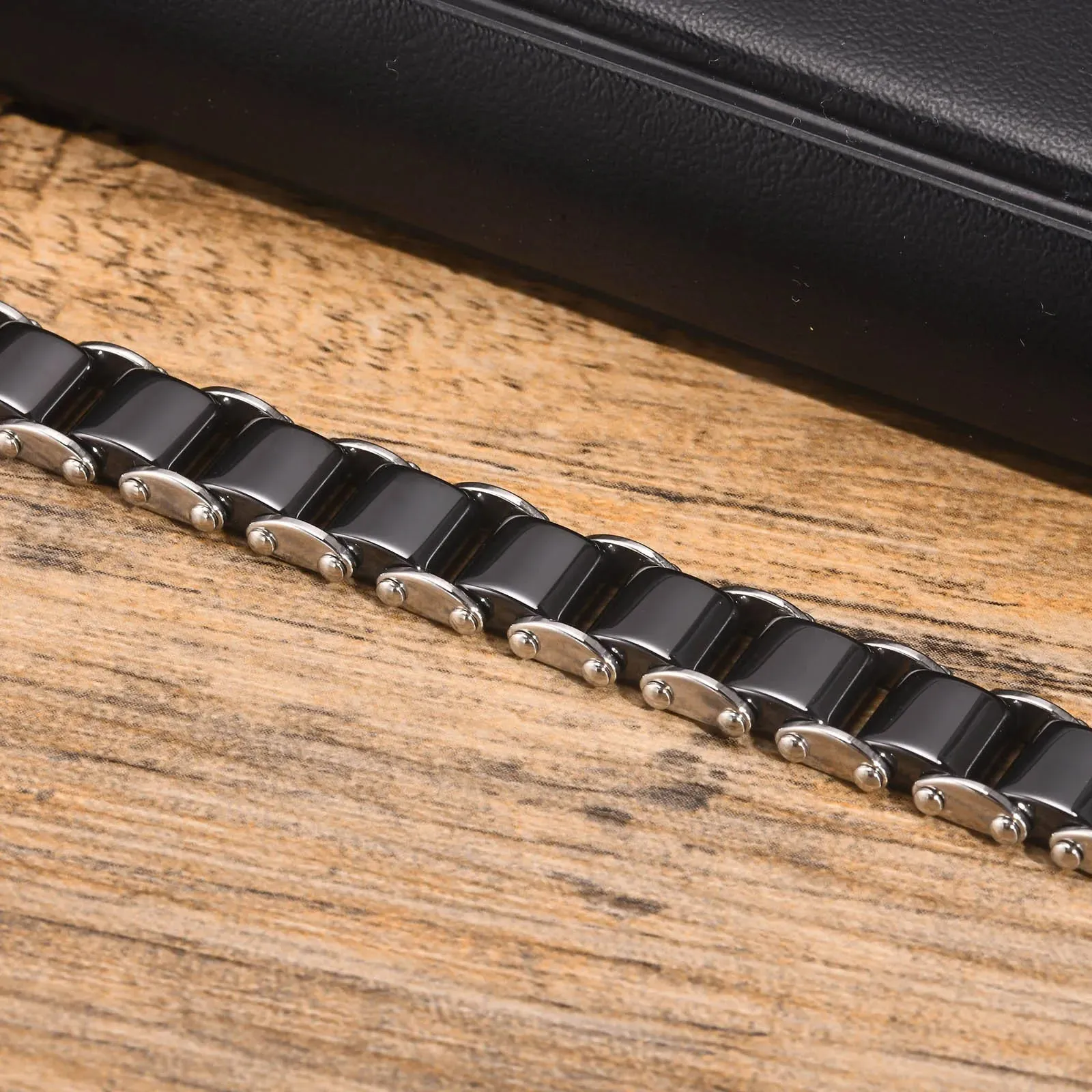 Black Ceramic Bracelet for Men,Natural Stone Link Chain Wristband