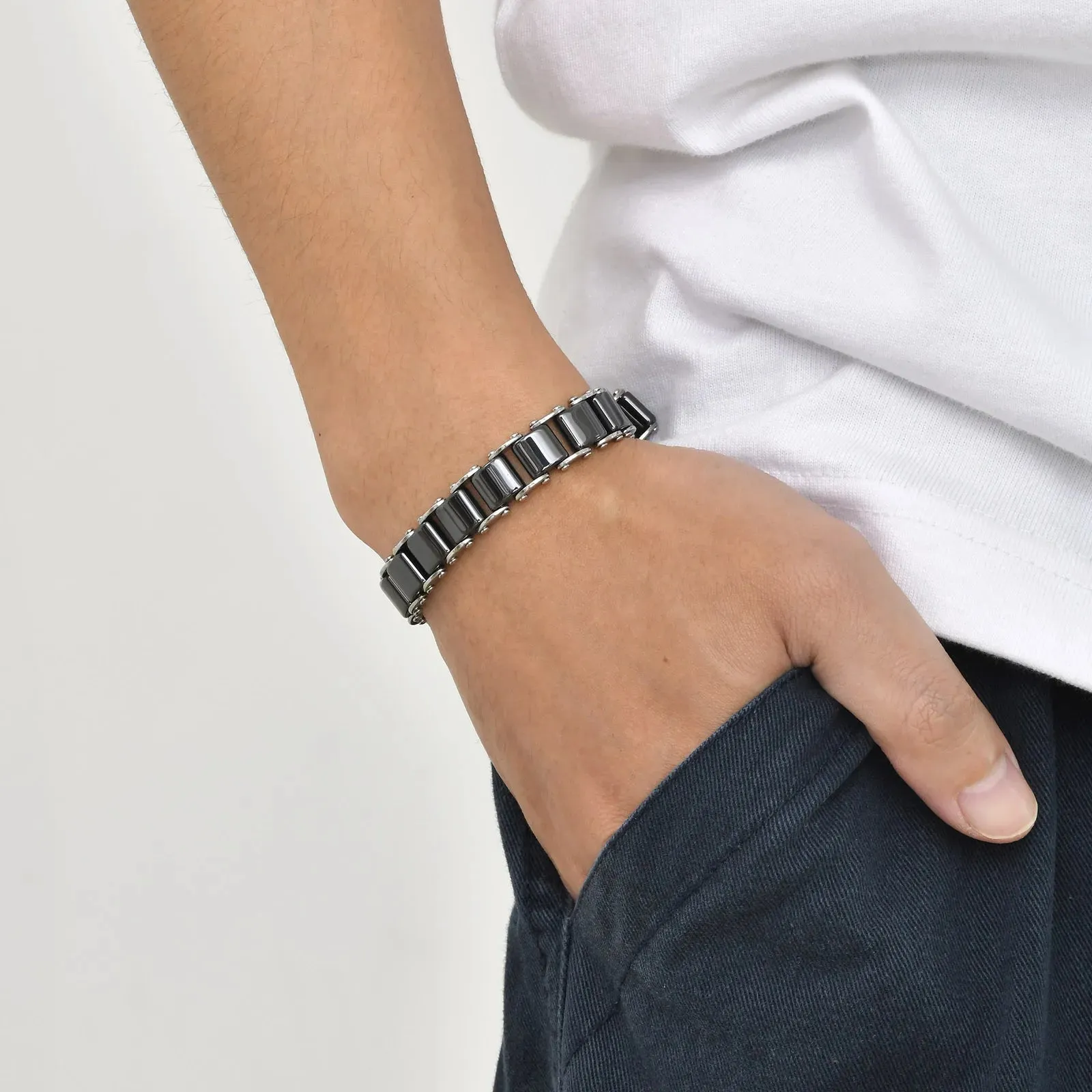 Black Ceramic Bracelet for Men,Natural Stone Link Chain Wristband