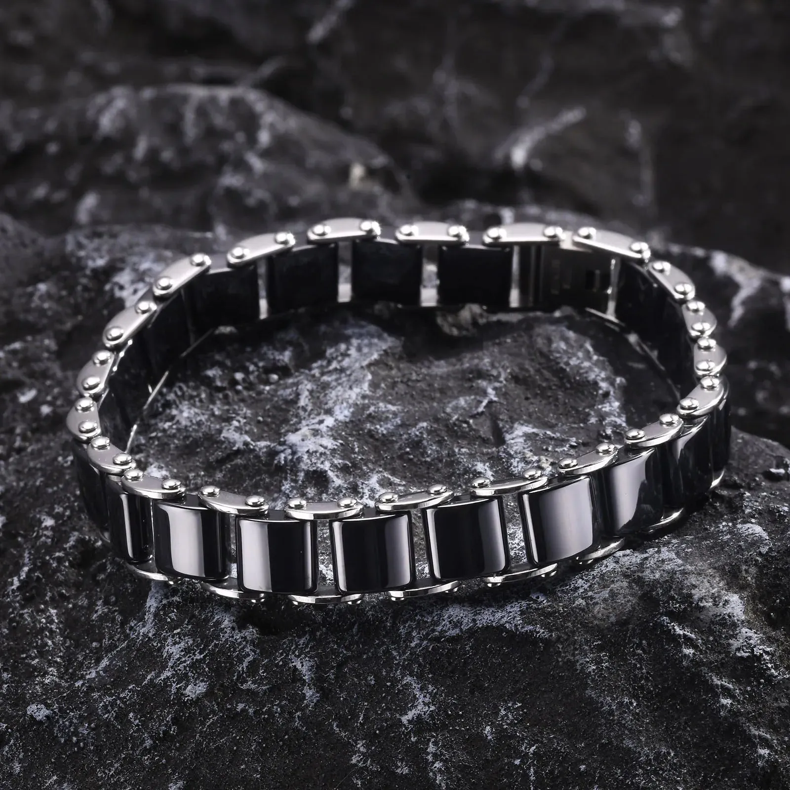 Black Ceramic Bracelet for Men,Natural Stone Link Chain Wristband
