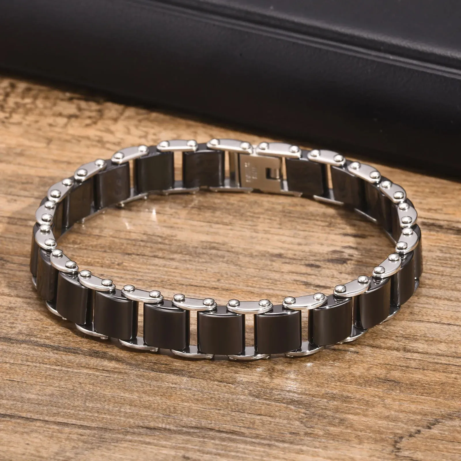Black Ceramic Bracelet for Men,Natural Stone Link Chain Wristband