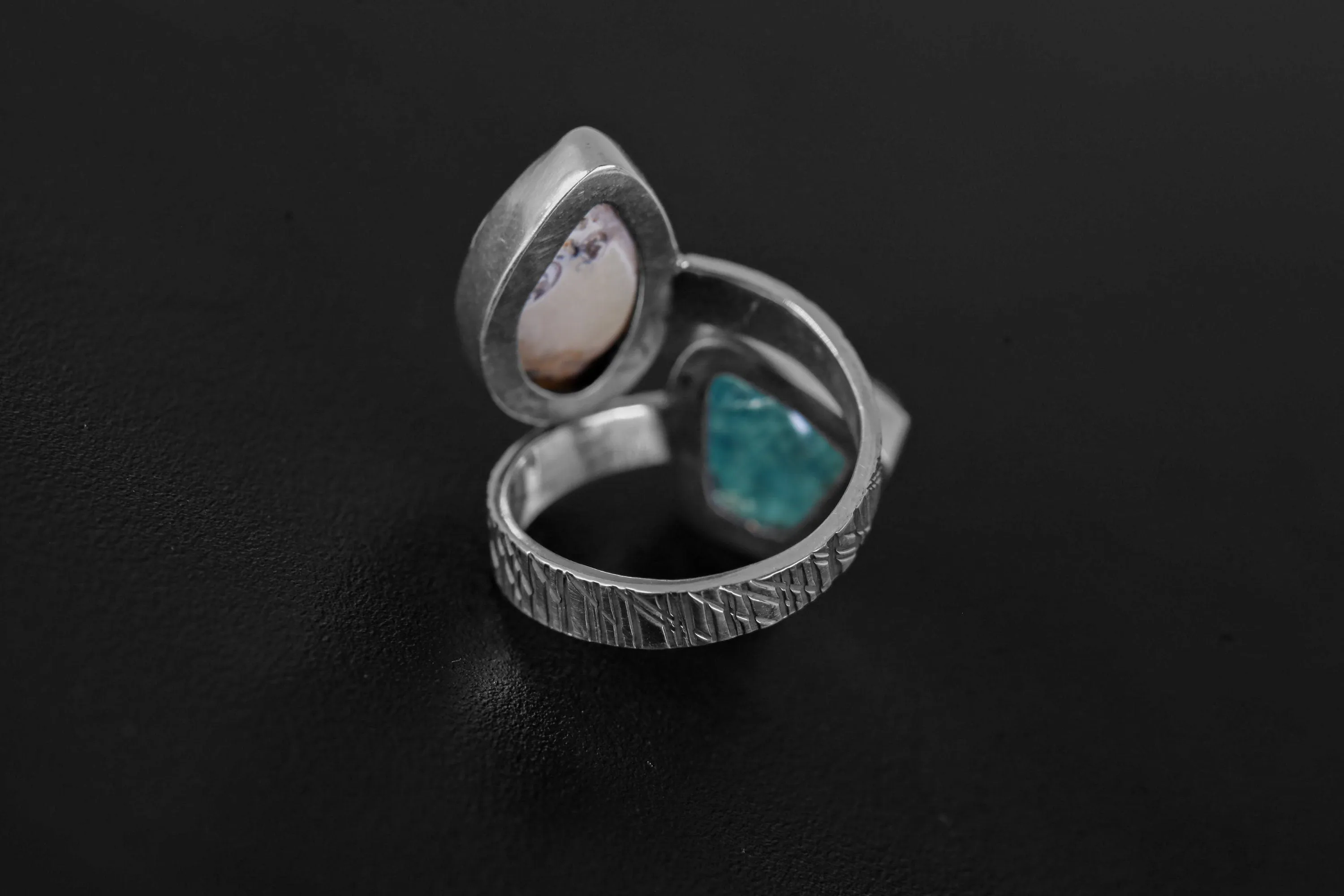 Blue Gem Apatite & Drusy Fossil Shell - 925 Sterling Silver - Double Stone - Textured, High Shine Polish - Adjustable Open Ring Band