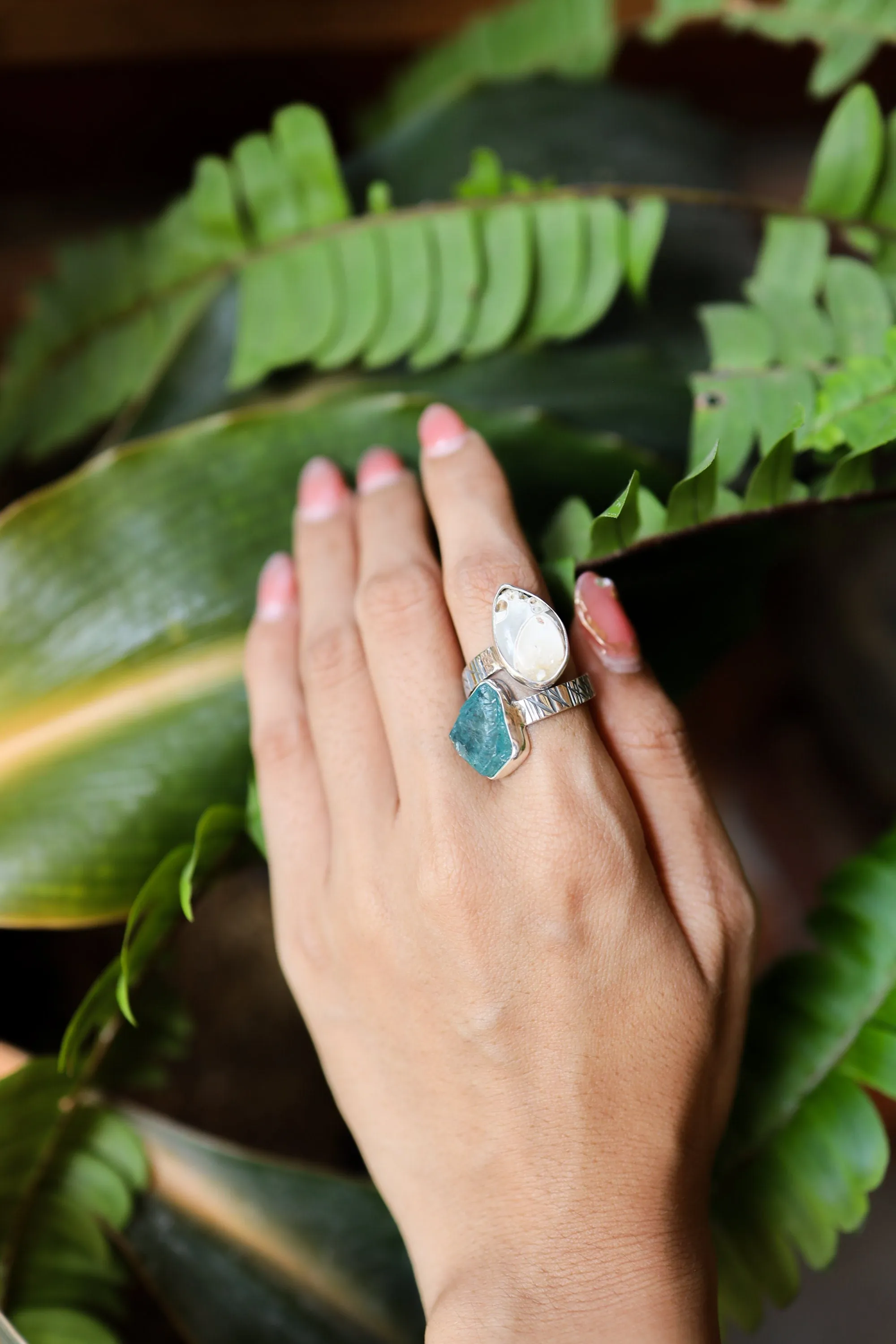 Blue Gem Apatite & Drusy Fossil Shell - 925 Sterling Silver - Double Stone - Textured, High Shine Polish - Adjustable Open Ring Band