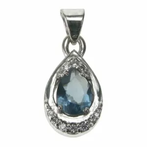 Blue Iolite and Cubic Zirconia Pear Solid 925 Sterling Silver Pendant