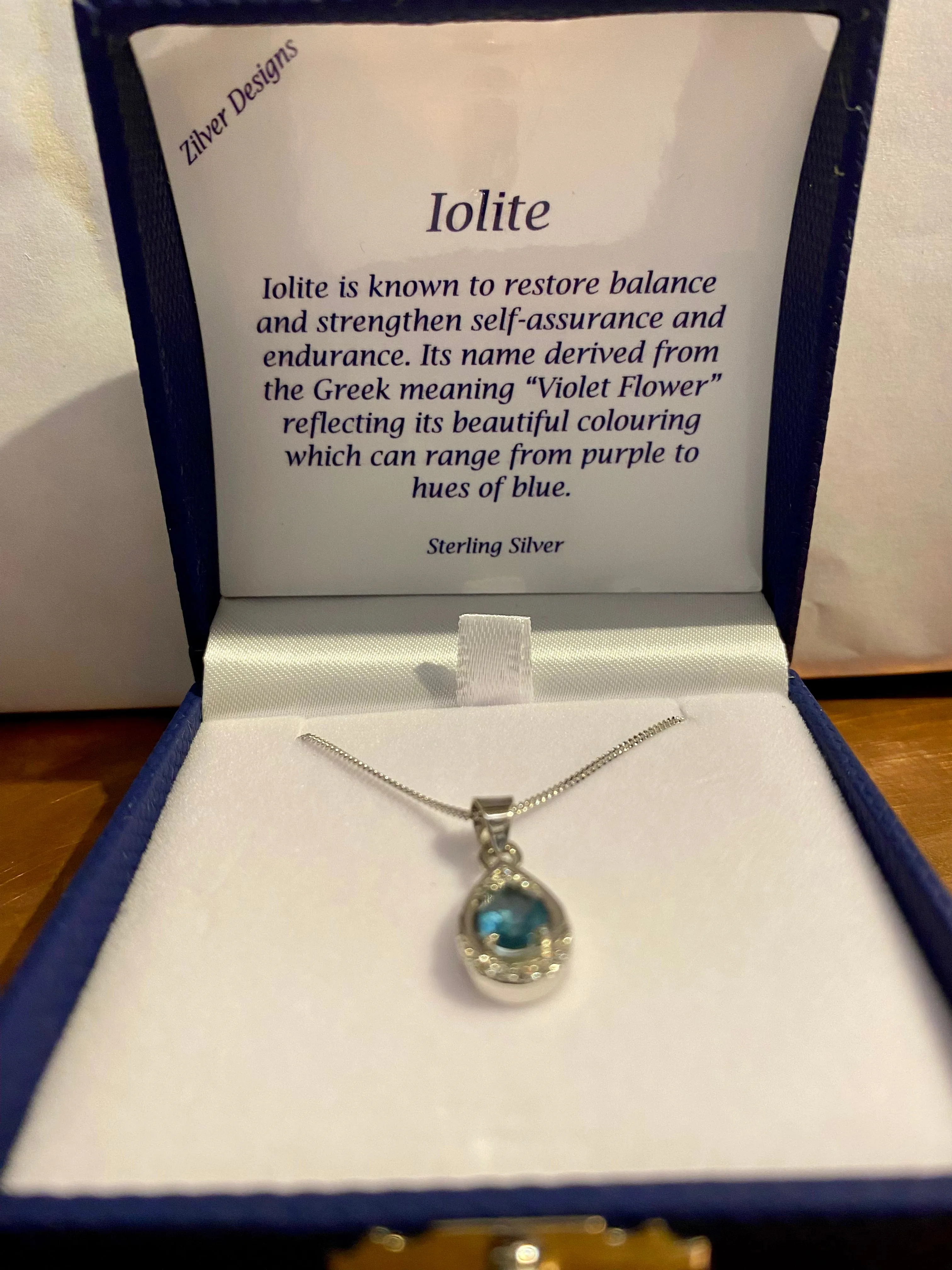 Blue Iolite and Cubic Zirconia Pear Solid 925 Sterling Silver Pendant