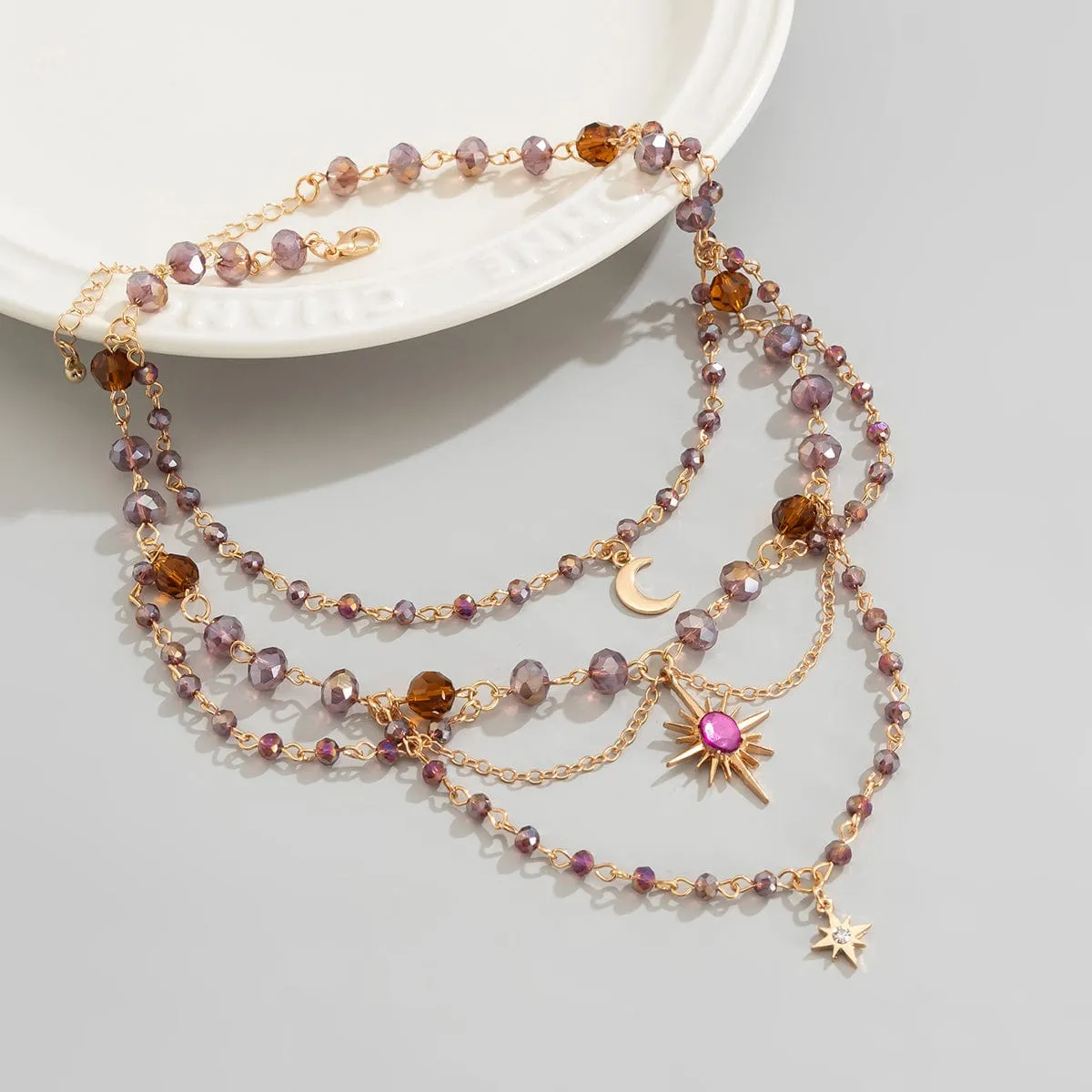 Bohemia Layered Sun Moon Star Pendant Crystal Chain Necklace