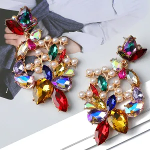Bohemian Simulated Pearl  Colorful Crystal Geometric Earrings For Women
