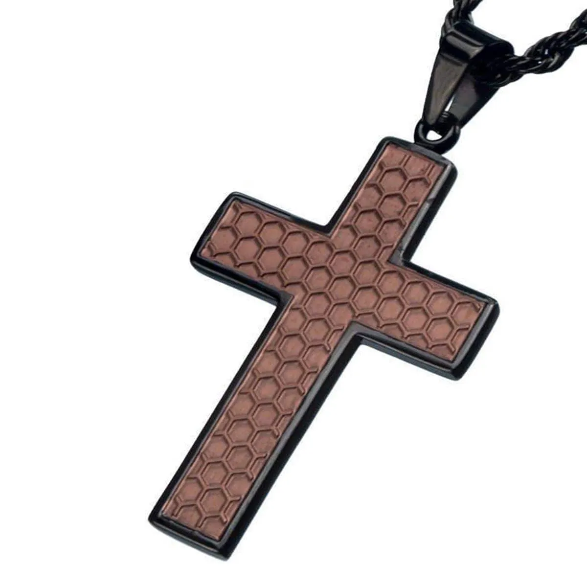 Brown and Black Stainless Steel Honeycomb Cross Pendant