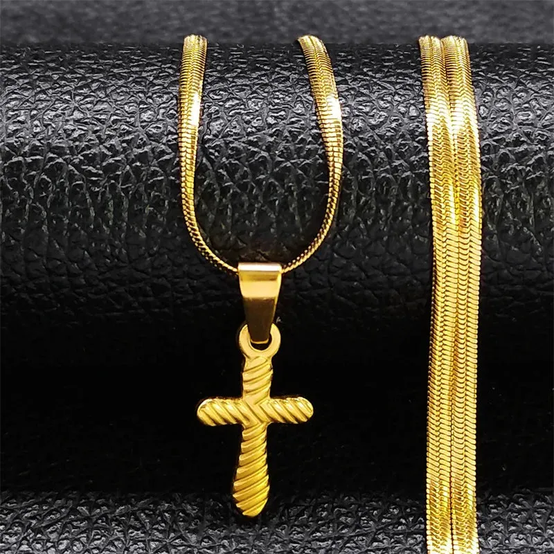 Catholic Christ Jesus Cross Necklace Stainless Steel Gold Color Religion Small Pendant Necklace Gift