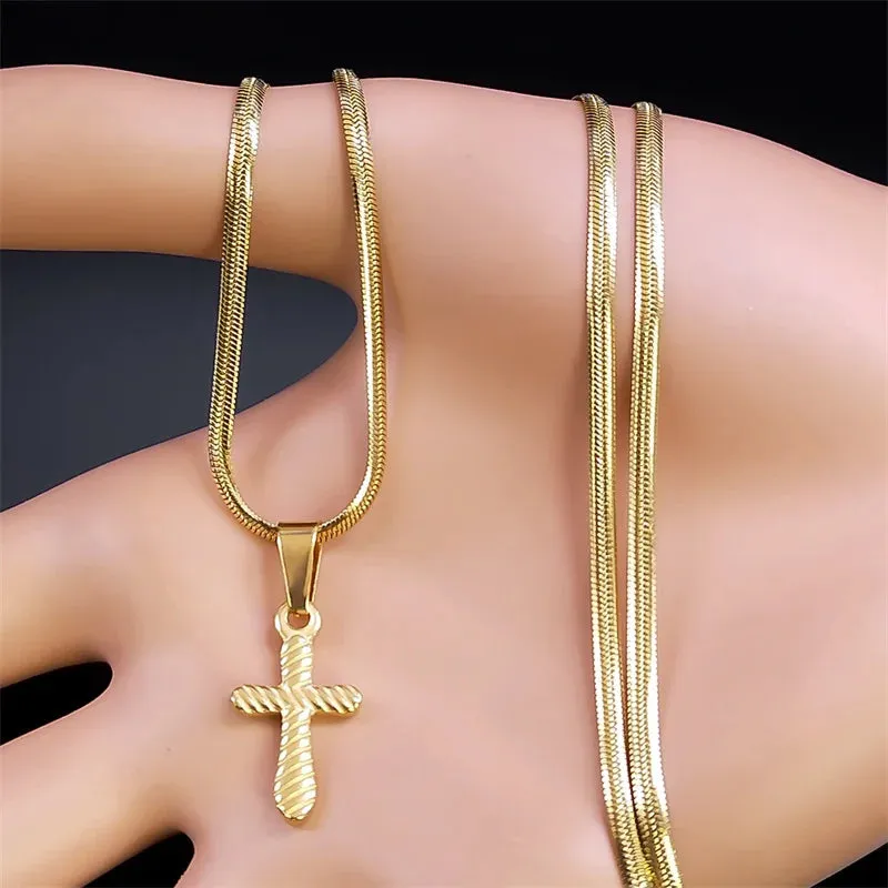 Catholic Christ Jesus Cross Necklace Stainless Steel Gold Color Religion Small Pendant Necklace Gift