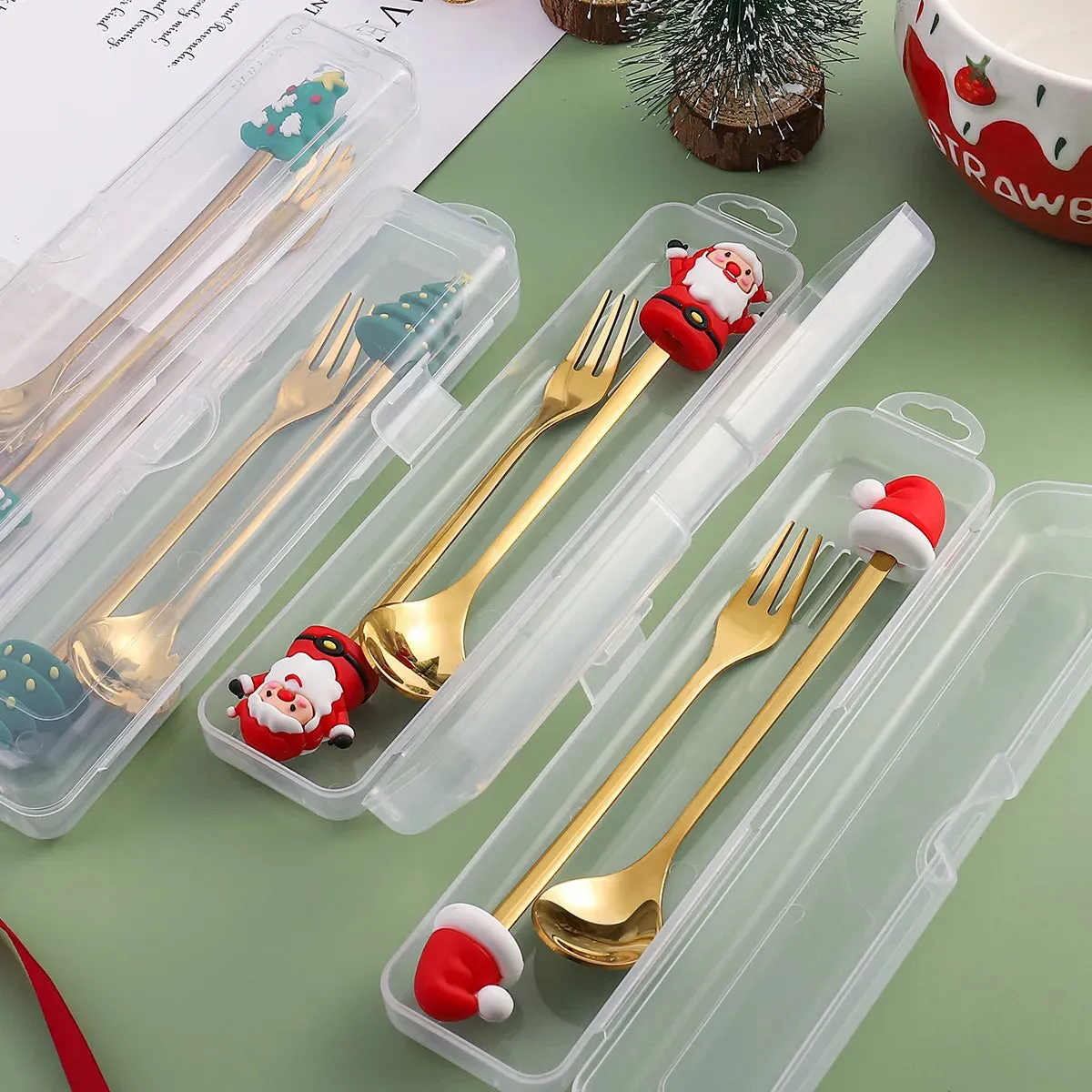 Christmas Theme Silverware Gold Spoon Fork Set Elk Christmas Tree Decoration Dessert Scoop Fruit Fork Coffee Spoon Cutlery Set