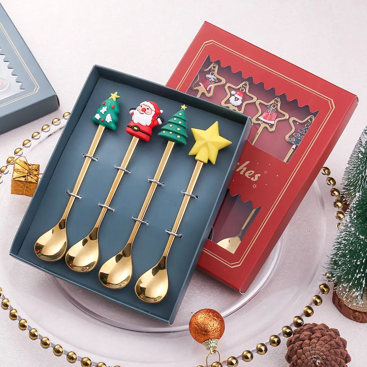 Christmas Theme Silverware Gold Spoon Fork Set Elk Christmas Tree Decoration Dessert Scoop Fruit Fork Coffee Spoon Cutlery Set
