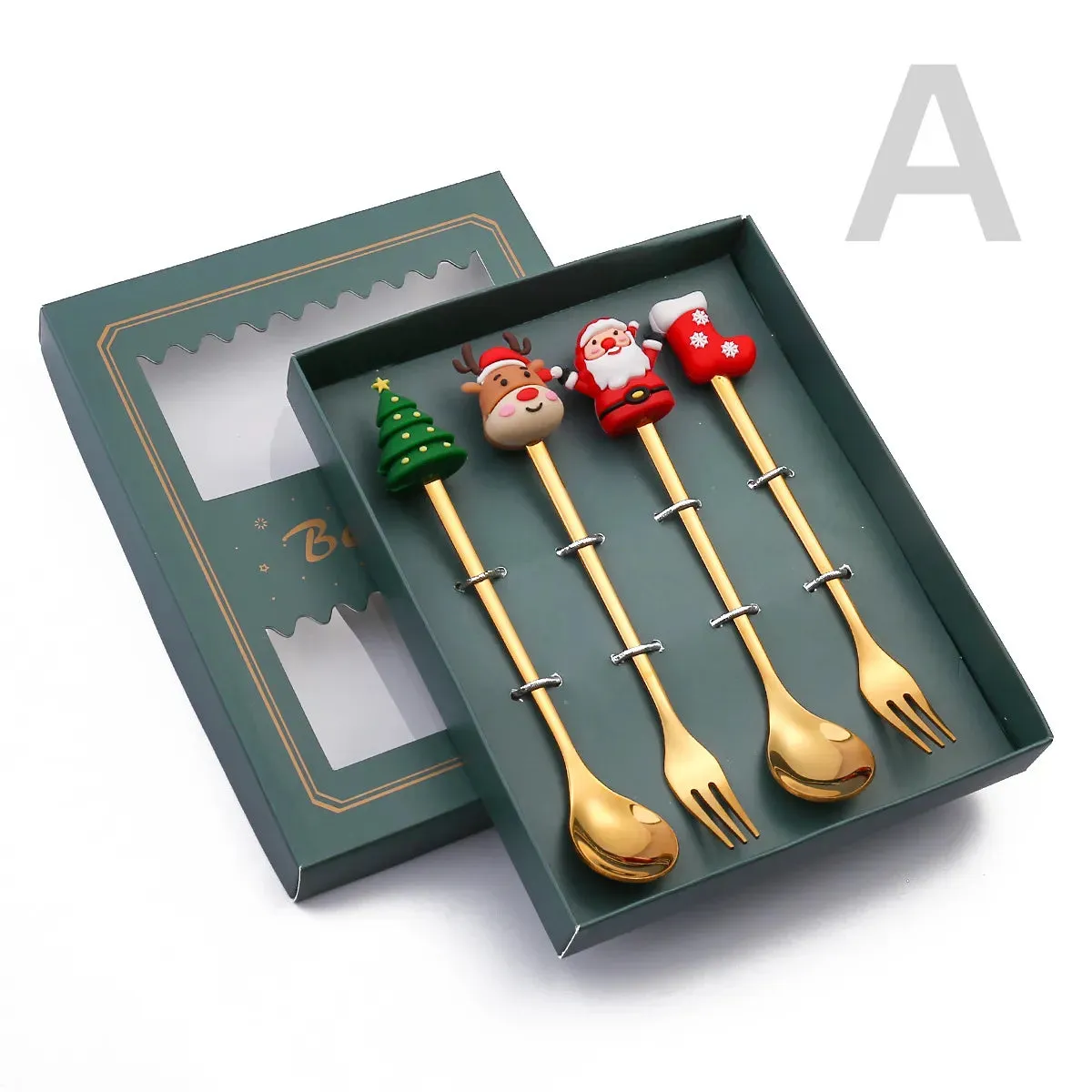 Christmas Theme Silverware Gold Spoon Fork Set Elk Christmas Tree Decoration Dessert Scoop Fruit Fork Coffee Spoon Cutlery Set
