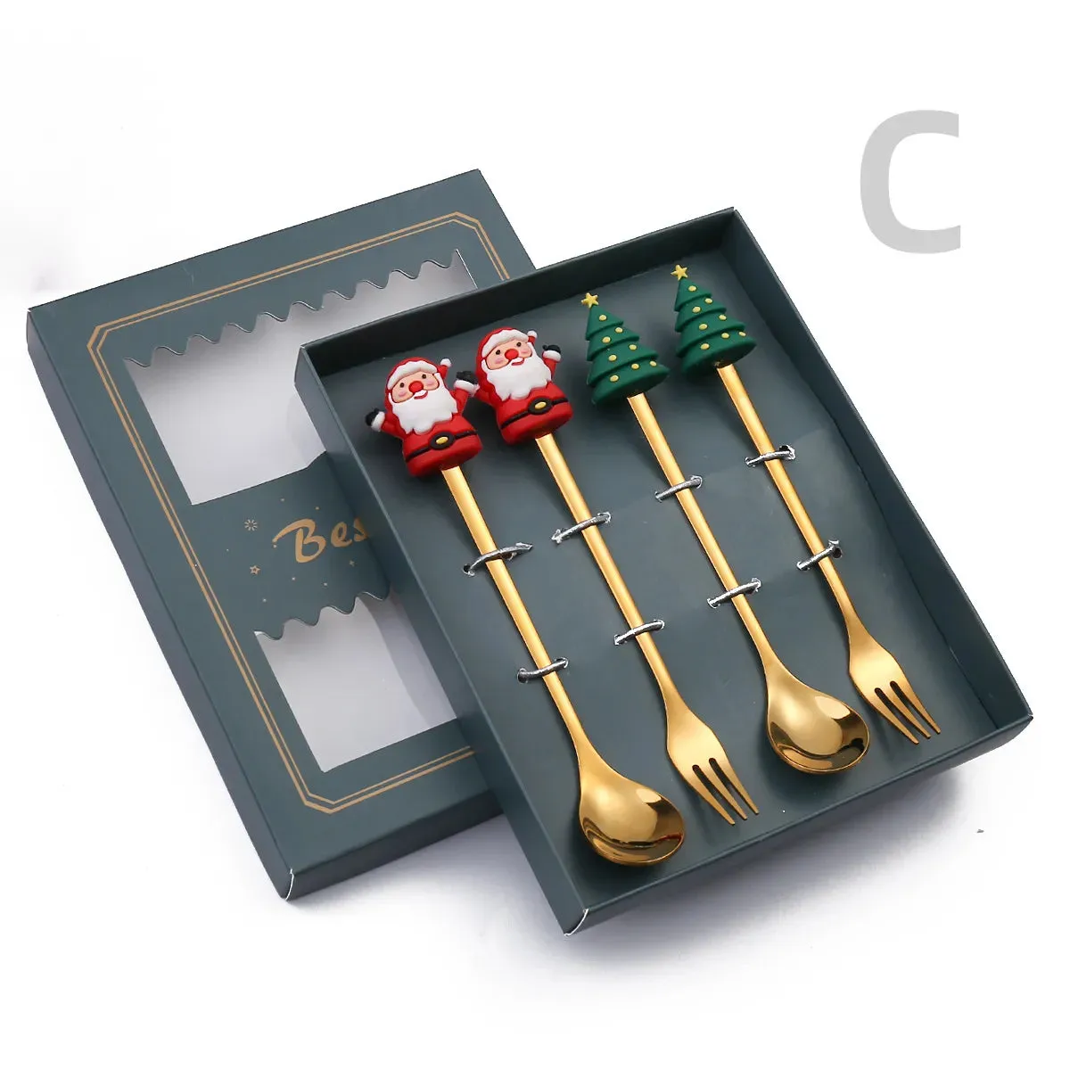 Christmas Theme Silverware Gold Spoon Fork Set Elk Christmas Tree Decoration Dessert Scoop Fruit Fork Coffee Spoon Cutlery Set