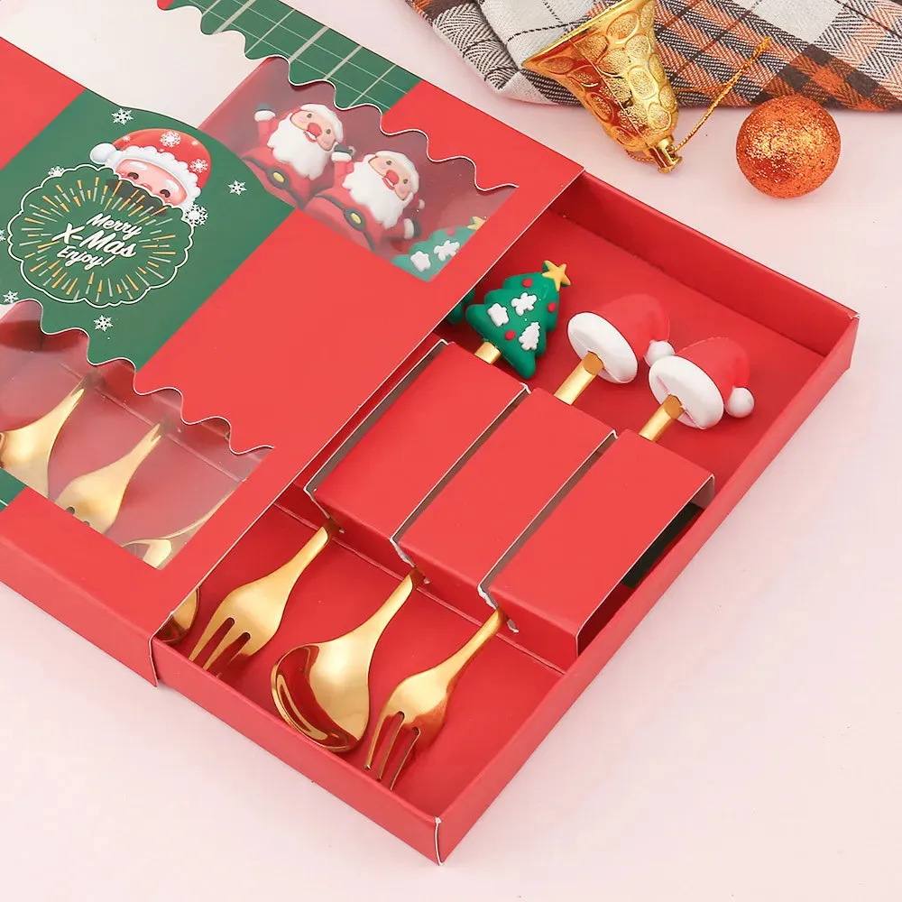 Christmas Theme Silverware Gold Spoon Fork Set Elk Christmas Tree Decoration Dessert Scoop Fruit Fork Coffee Spoon Cutlery Set