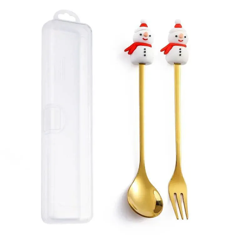 Christmas Theme Silverware Gold Spoon Fork Set Elk Christmas Tree Decoration Dessert Scoop Fruit Fork Coffee Spoon Cutlery Set