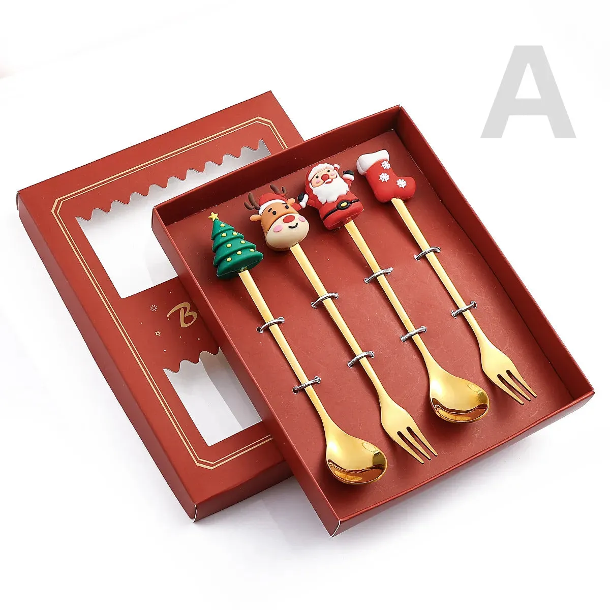 Christmas Theme Silverware Gold Spoon Fork Set Elk Christmas Tree Decoration Dessert Scoop Fruit Fork Coffee Spoon Cutlery Set