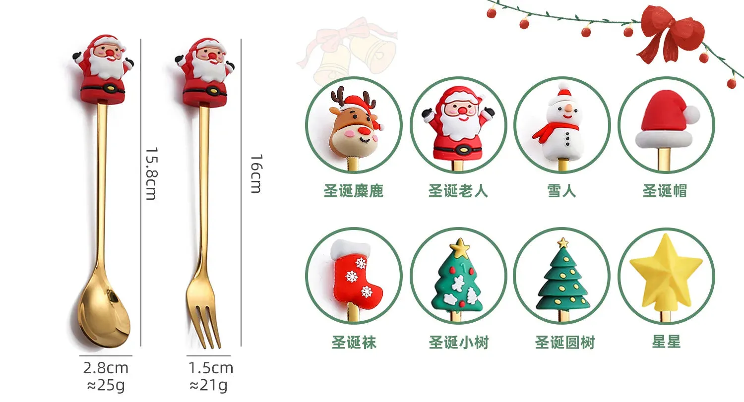 Christmas Theme Silverware Gold Spoon Fork Set Elk Christmas Tree Decoration Dessert Scoop Fruit Fork Coffee Spoon Cutlery Set