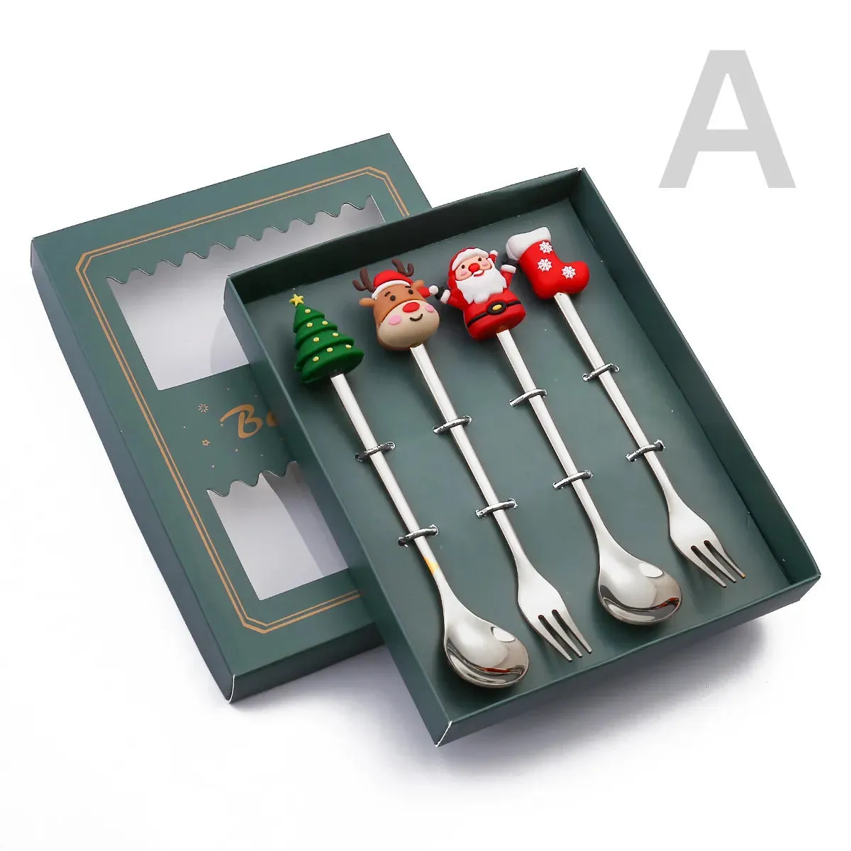 Christmas Theme Silverware Gold Spoon Fork Set Elk Christmas Tree Decoration Dessert Scoop Fruit Fork Coffee Spoon Cutlery Set
