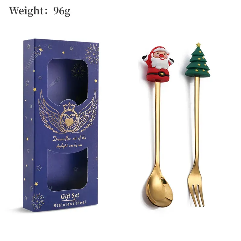 Christmas Theme Silverware Gold Spoon Fork Set Elk Christmas Tree Decoration Dessert Scoop Fruit Fork Coffee Spoon Cutlery Set