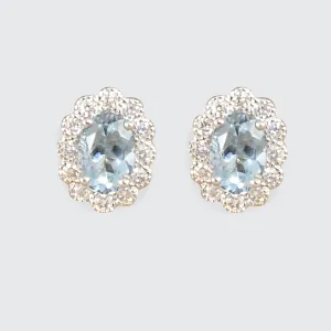 Classic Aquamarine and Diamond Cluster Stud Earrings in 18ct Gold and Screw Backs