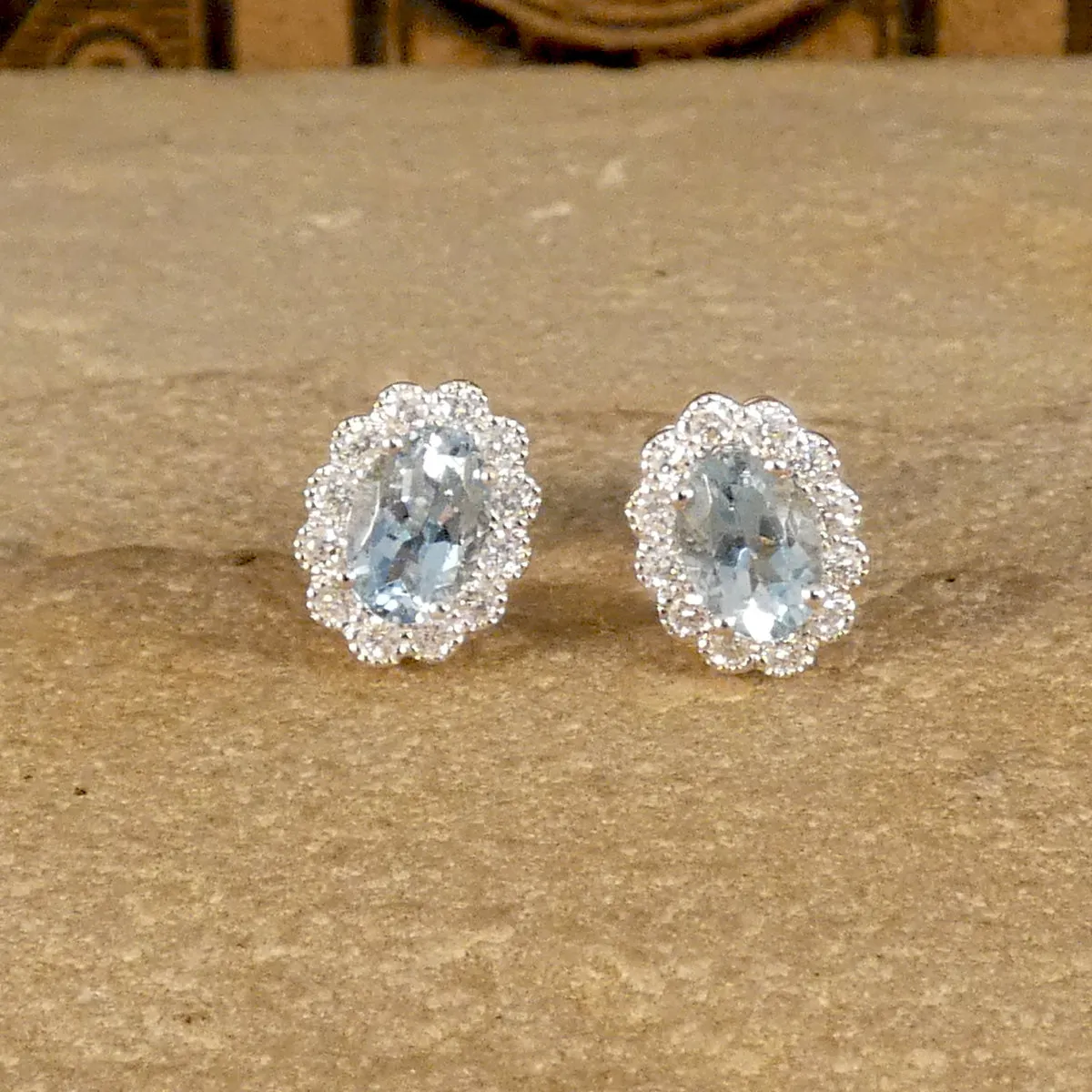 Classic Aquamarine and Diamond Cluster Stud Earrings in 18ct Gold and Screw Backs