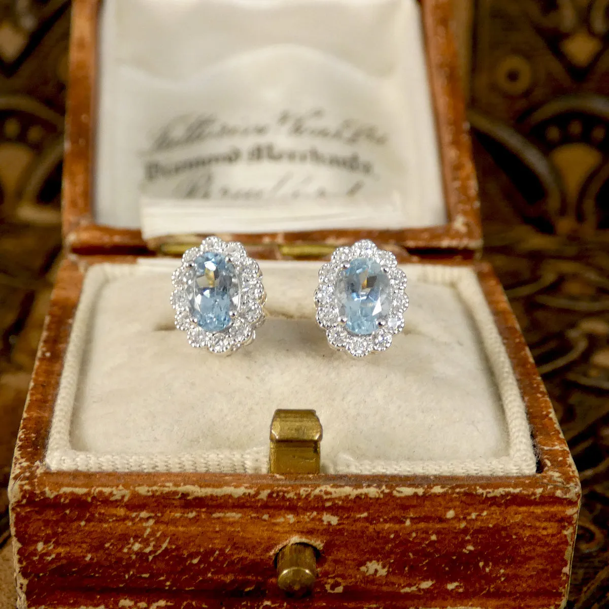 Classic Aquamarine and Diamond Cluster Stud Earrings in 18ct Gold and Screw Backs