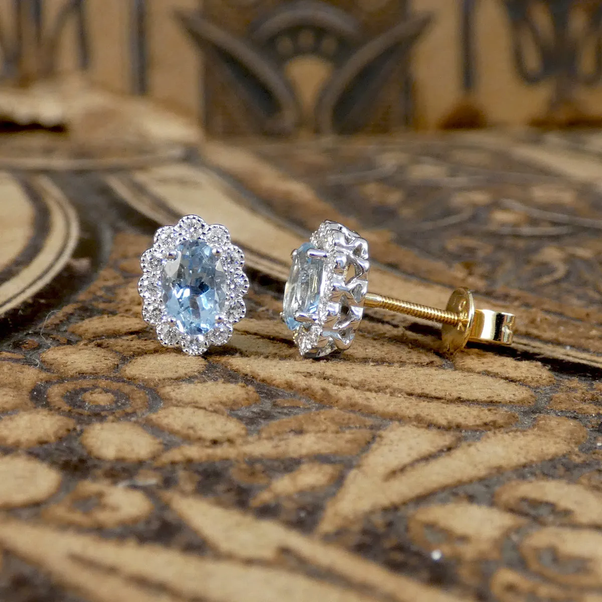 Classic Aquamarine and Diamond Cluster Stud Earrings in 18ct Gold and Screw Backs