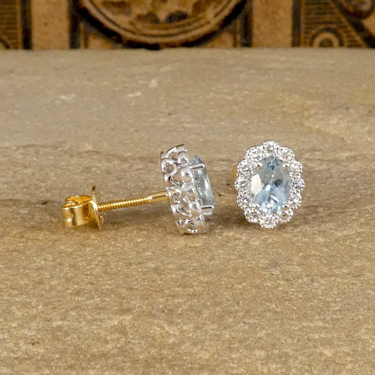 Classic Aquamarine and Diamond Cluster Stud Earrings in 18ct Gold and Screw Backs
