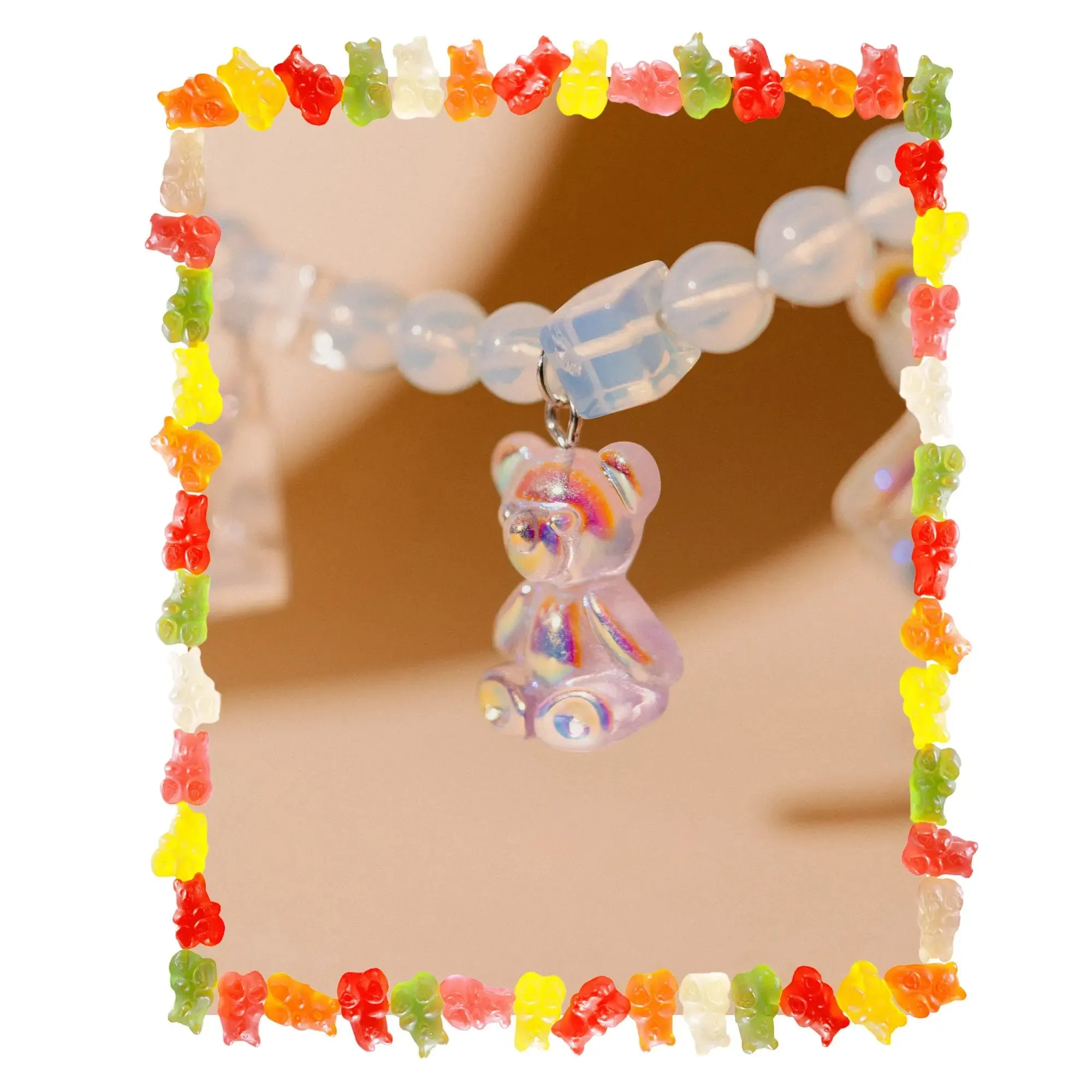 Clear Crystal Necklace, Bear Necklace, Charms Necklace