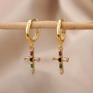 Colorful Crystal Cross Piercing Earrings For Women