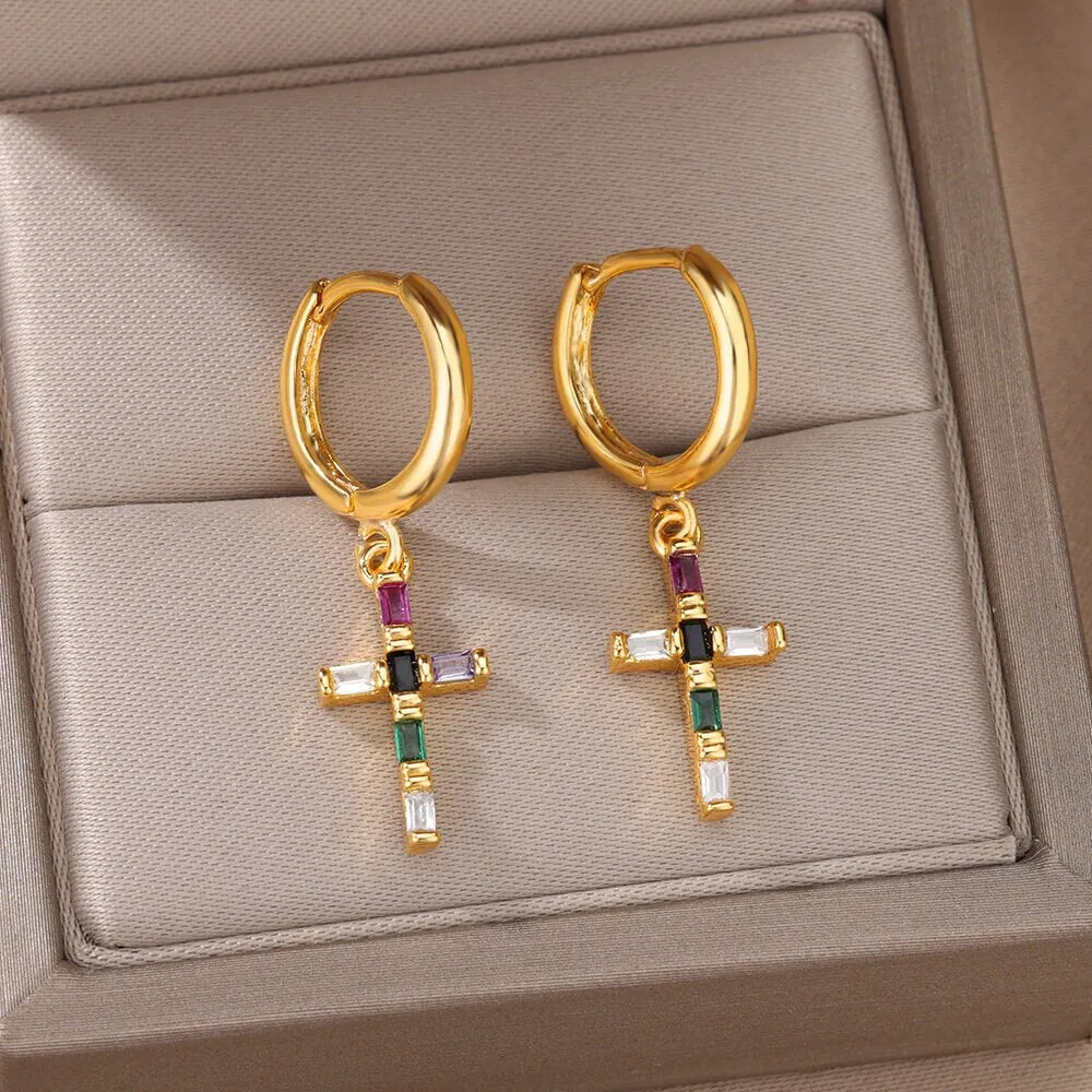 Colorful Crystal Cross Piercing Earrings For Women