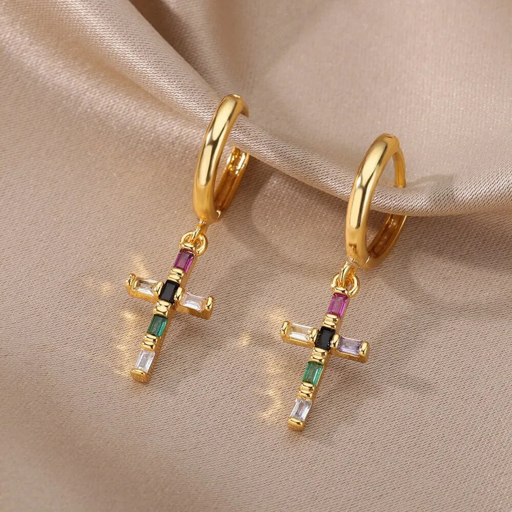 Colorful Crystal Cross Piercing Earrings For Women