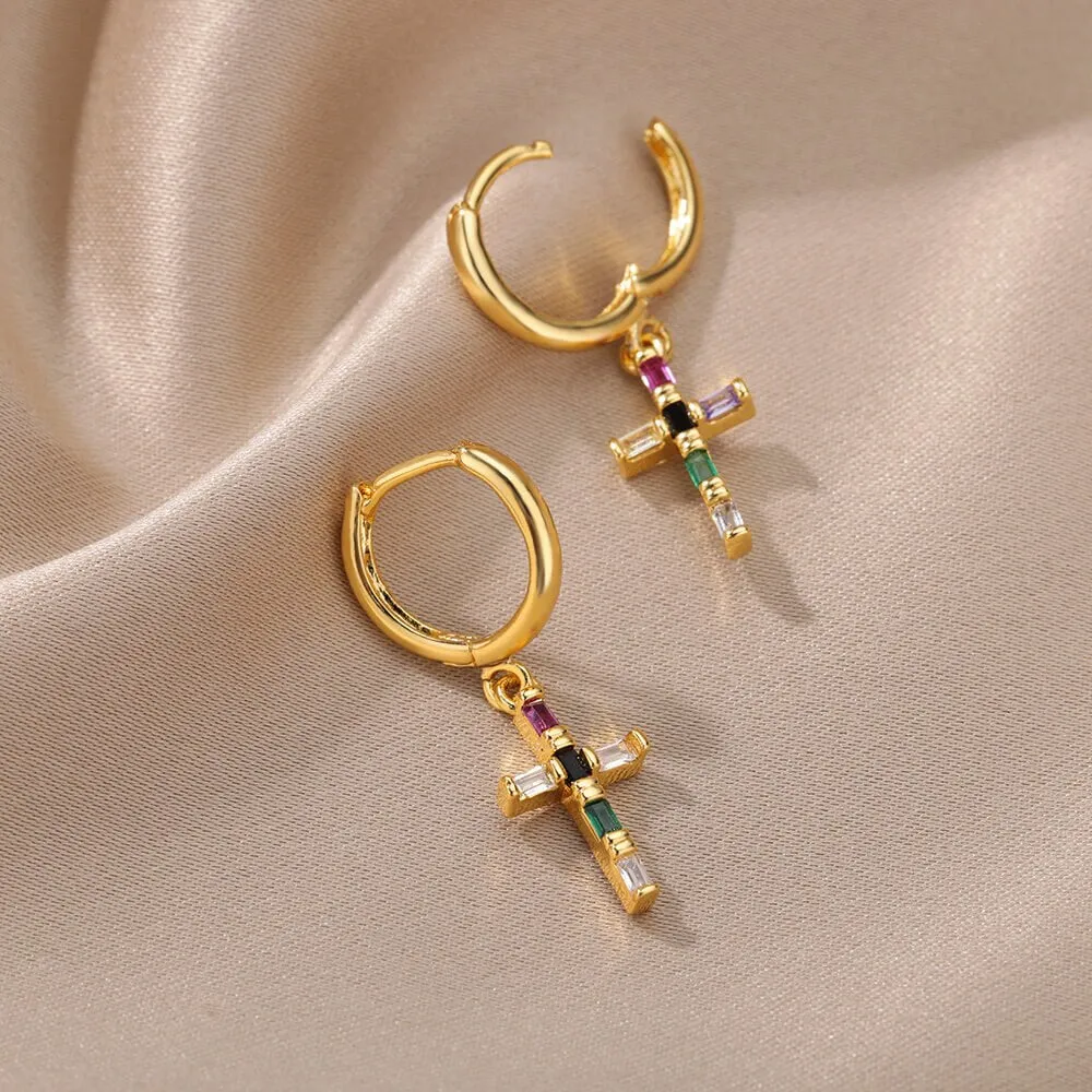 Colorful Crystal Cross Piercing Earrings For Women
