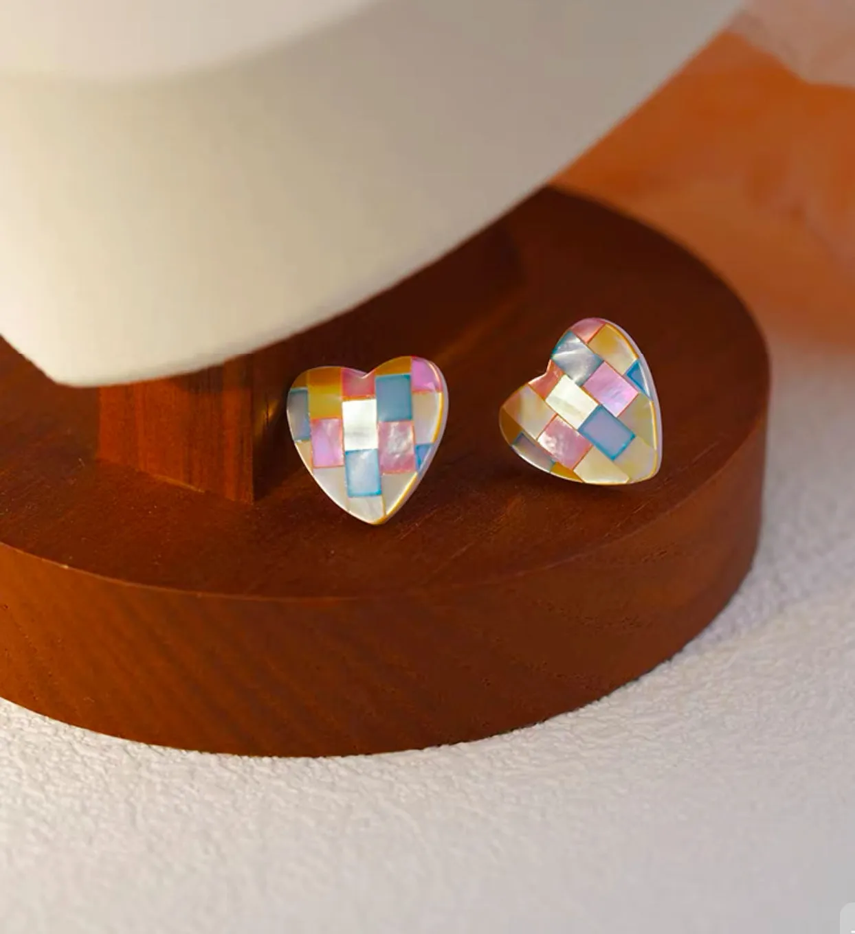 Colorful Heart Pearl Shell Stud Earrings - Colorful / White