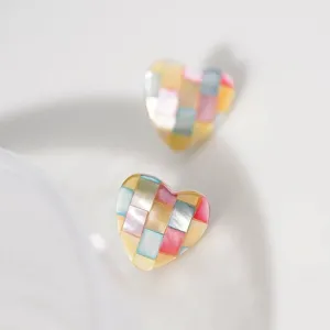 Colorful Heart Pearl Shell Stud Earrings - Colorful / White