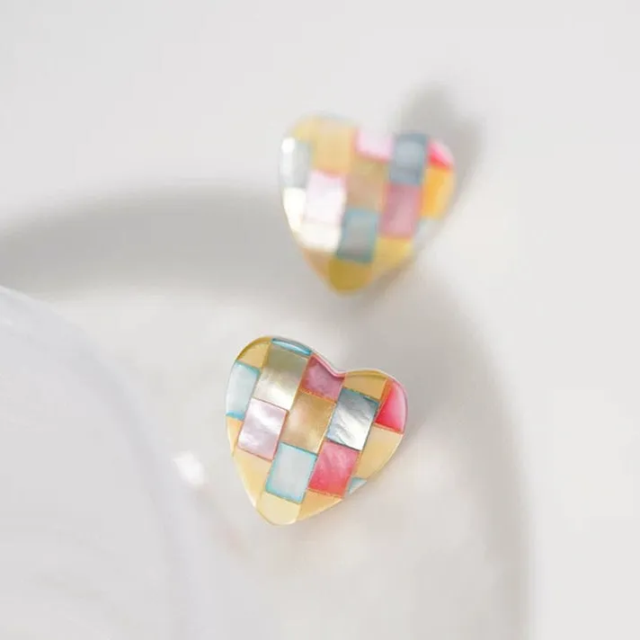 Colorful Heart Pearl Shell Stud Earrings - Colorful / White