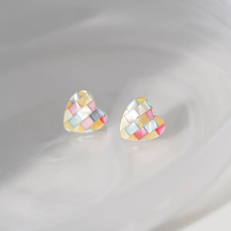 Colorful Heart Pearl Shell Stud Earrings - Colorful / White