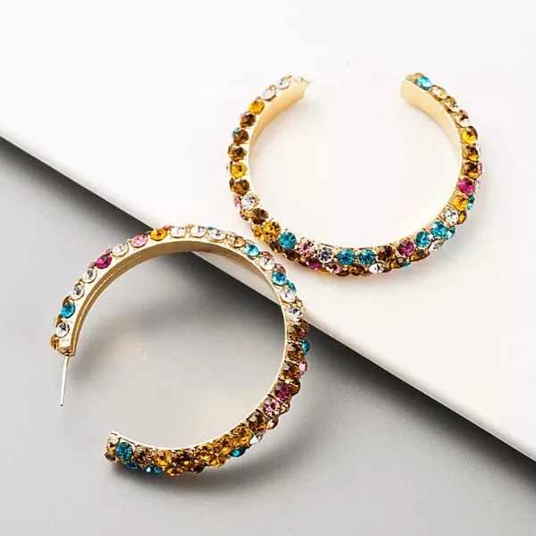 Colorful Rhinestone C shaped Large Hoop Gold Earrings