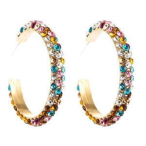 Colorful Rhinestone C shaped Large Hoop Gold Earrings