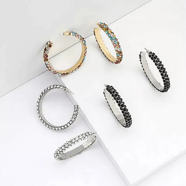 Colorful Rhinestone C shaped Large Hoop Gold Earrings