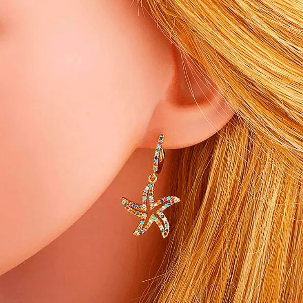 Colorful Rhinestone Starfish Gold Dangle Earrings