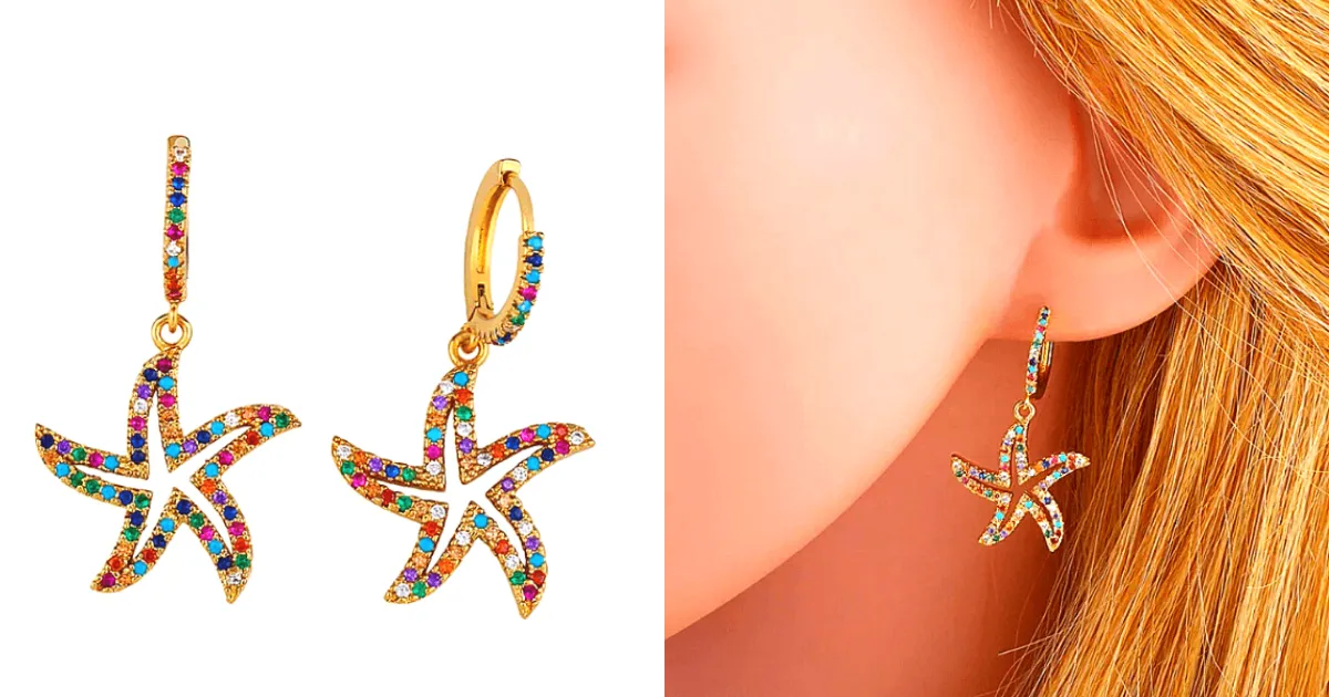 Colorful Rhinestone Starfish Gold Dangle Earrings