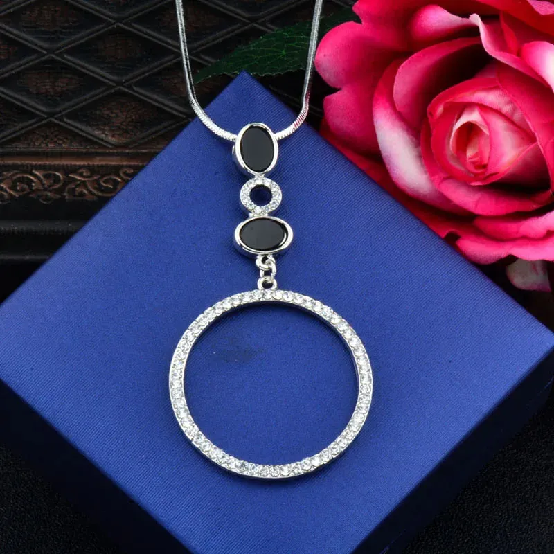 Concise Hollow Round Cubic Zircon Pendants and necklaces Long Chain For Women