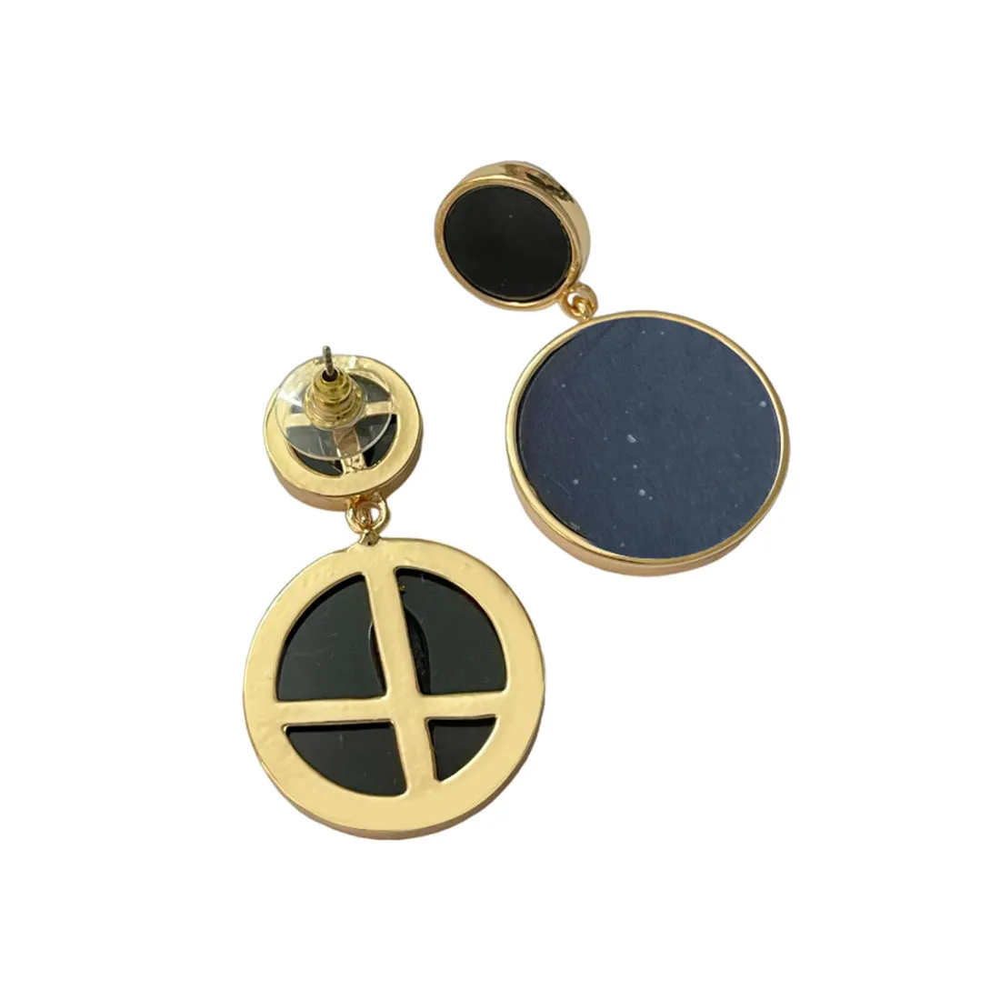 Contemporary Black Acrylic Gold-Toned Double Circular Drop Earrings
