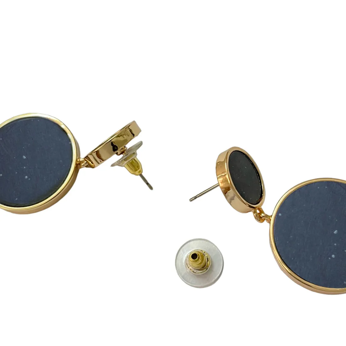 Contemporary Black Acrylic Gold-Toned Double Circular Drop Earrings